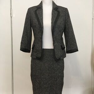 bebe Black Grey Tweed Blazer and skirt set leather trim